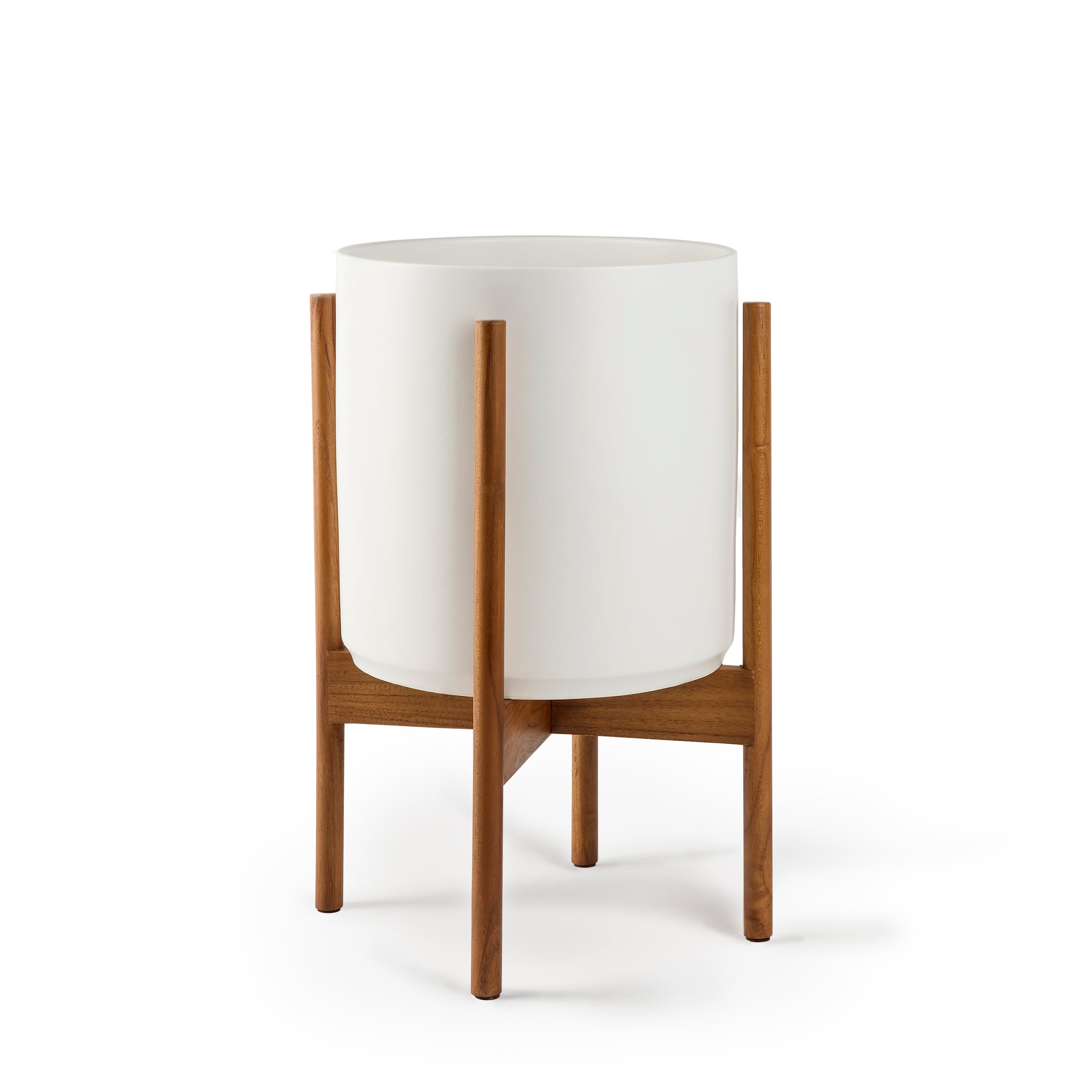 white plant pot with wooden stand WHITE PLANTERS WITH TEAK BASE – Super Simple