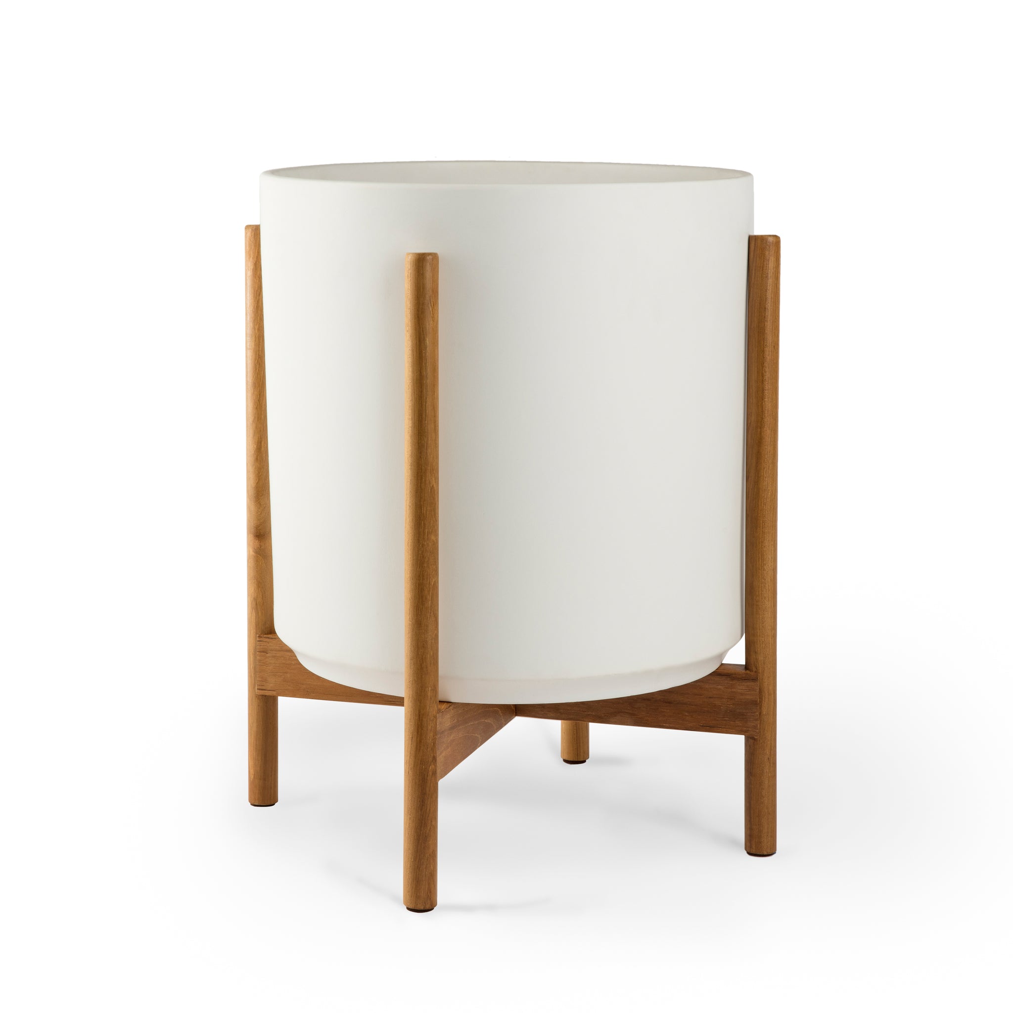 white pot planter with stand WHITE PLANTERS WITH TEAK BASE – Super Simple